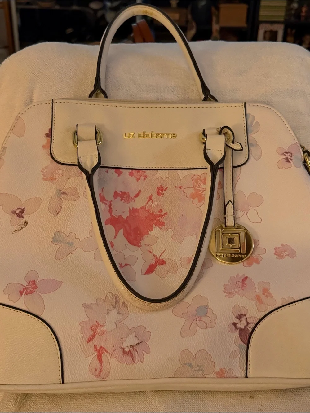 Liz Claiborne Cream Satchel with Pink Floral Print